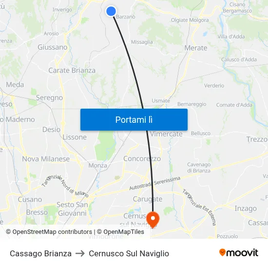 Cassago Brianza to Cernusco Sul Naviglio map