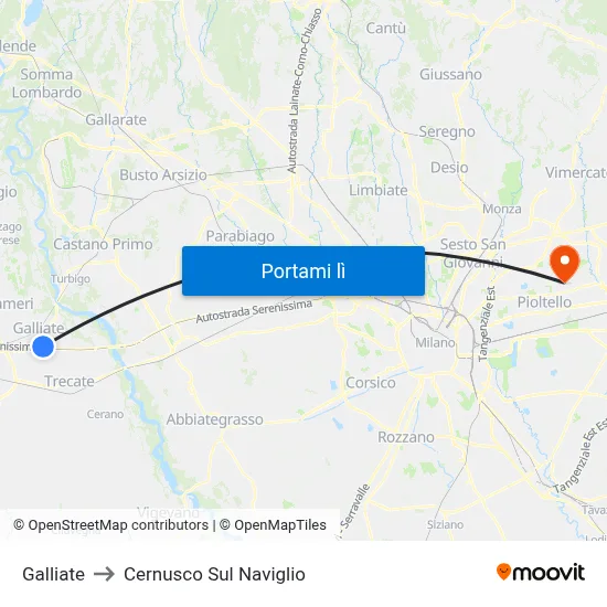 Galliate to Cernusco Sul Naviglio map