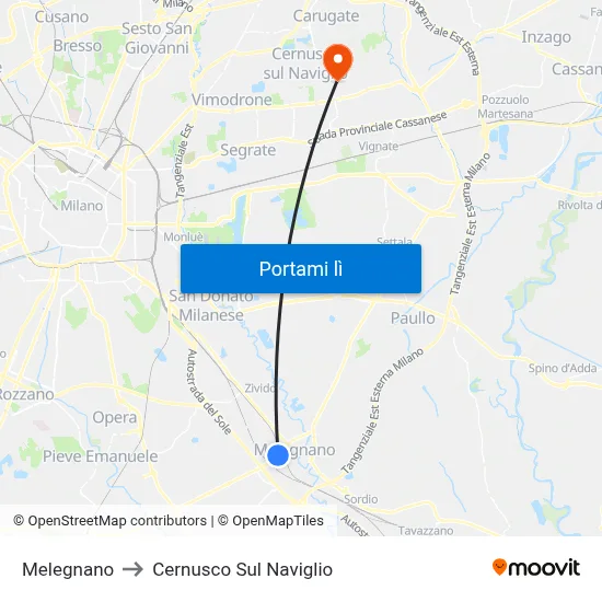 Melegnano to Cernusco Sul Naviglio map