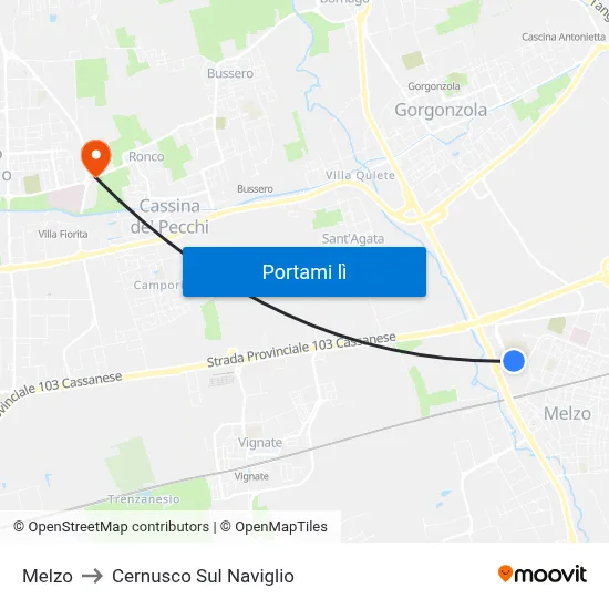 Melzo to Cernusco Sul Naviglio map