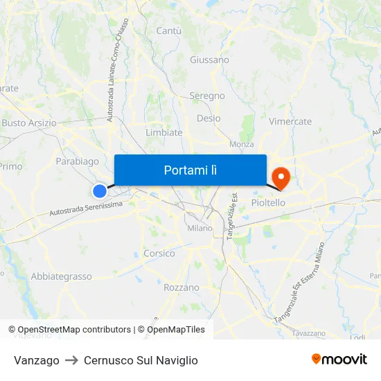 Vanzago to Cernusco Sul Naviglio map