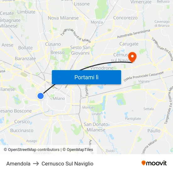 Amendola to Cernusco Sul Naviglio map