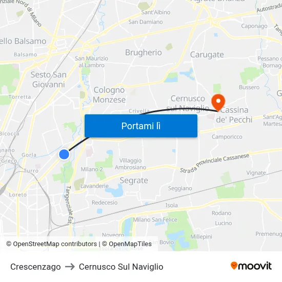 Crescenzago to Cernusco Sul Naviglio map