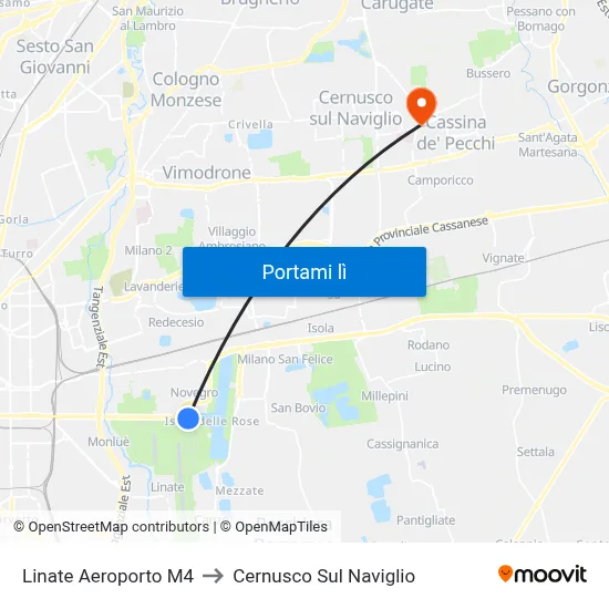 Linate Aeroporto M4 to Cernusco Sul Naviglio map