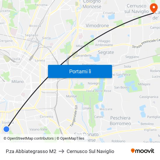 P.za Abbiategrasso M2 to Cernusco Sul Naviglio map