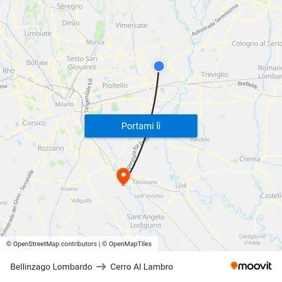 Bellinzago Lombardo to Cerro Al Lambro map