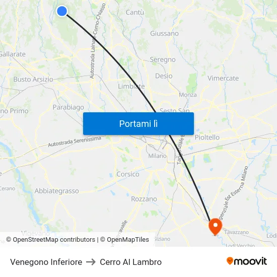 Venegono Inferiore to Cerro Al Lambro map