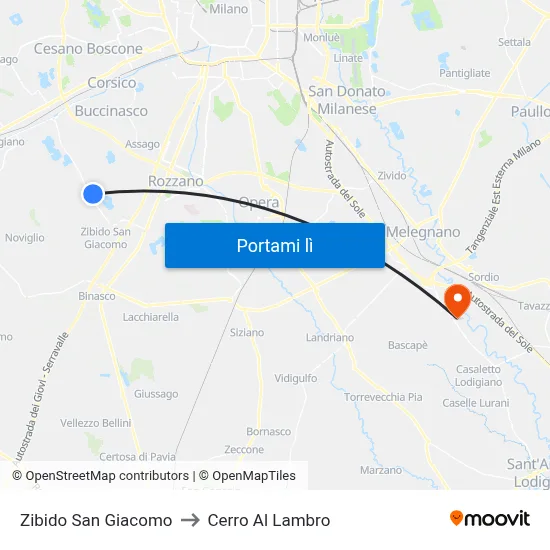 Zibido San Giacomo to Cerro Al Lambro map