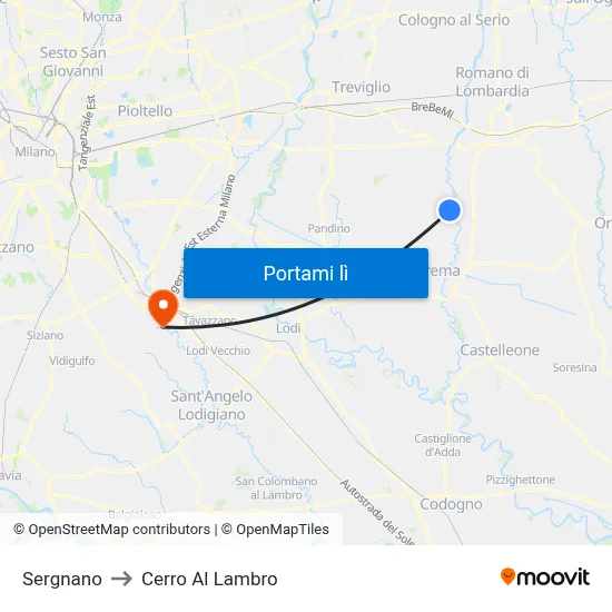 Sergnano to Cerro Al Lambro map