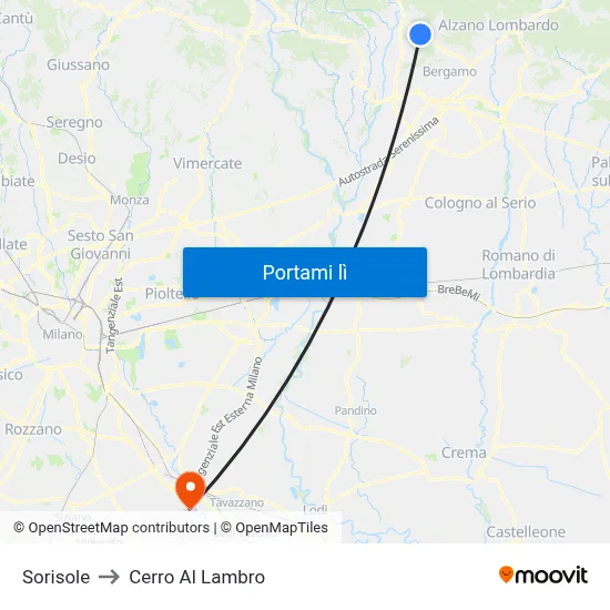 Sorisole to Cerro Al Lambro map