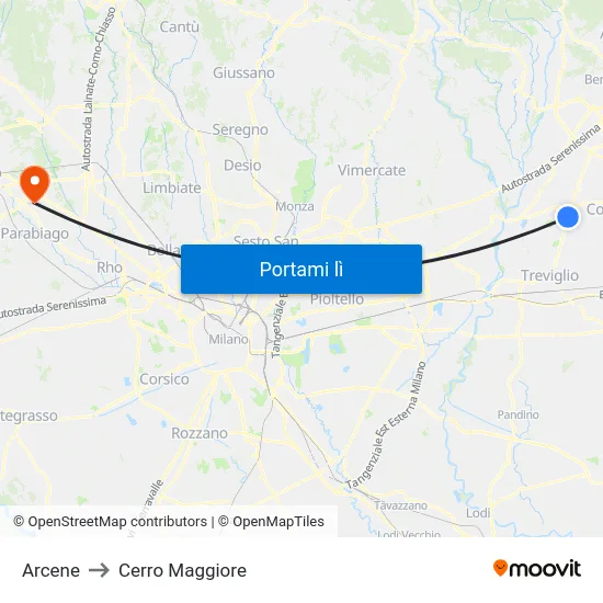 Arcene to Cerro Maggiore map