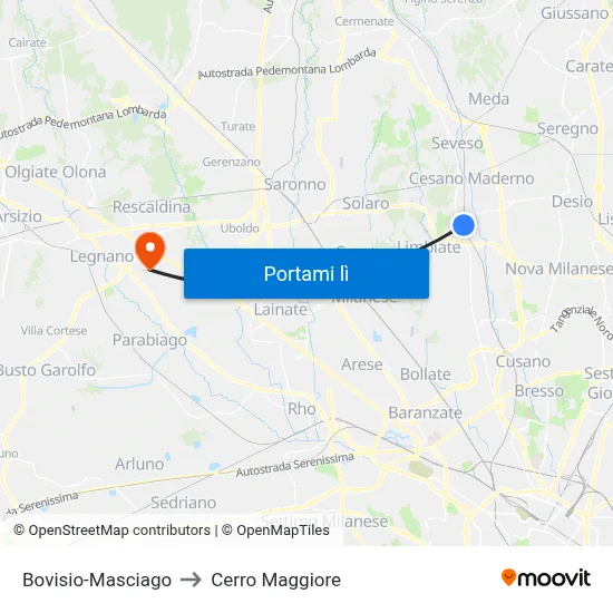 Bovisio-Masciago to Cerro Maggiore map