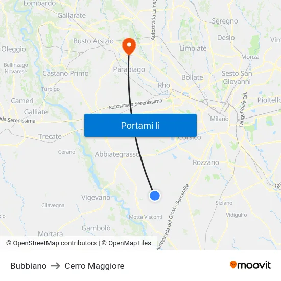 Bubbiano to Cerro Maggiore map