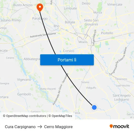 Cura Carpignano to Cerro Maggiore map