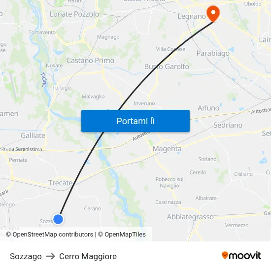Sozzago to Cerro Maggiore map