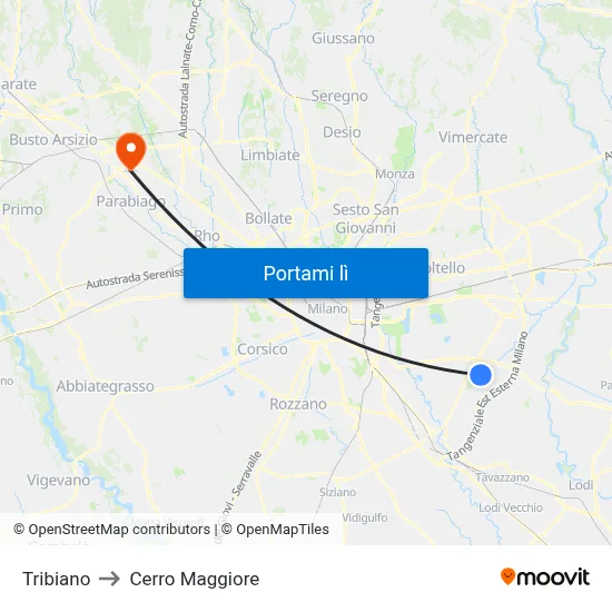Tribiano to Cerro Maggiore map
