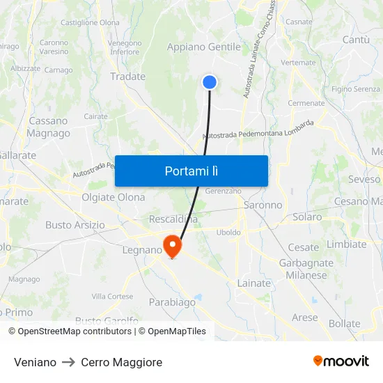 Veniano to Cerro Maggiore map