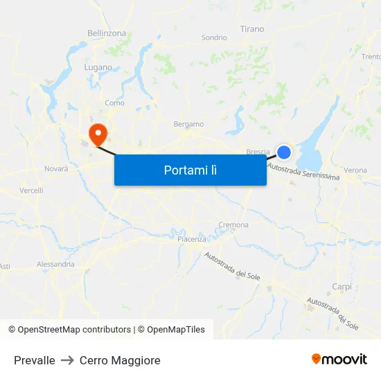 Prevalle to Cerro Maggiore map