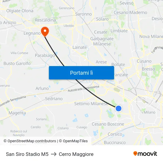 San Siro Stadio M5 to Cerro Maggiore map
