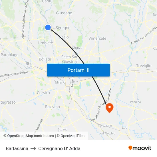 Barlassina to Cervignano D' Adda map