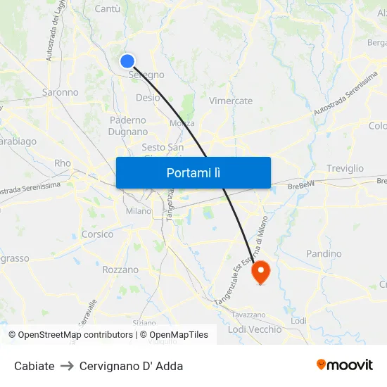Cabiate to Cervignano D' Adda map