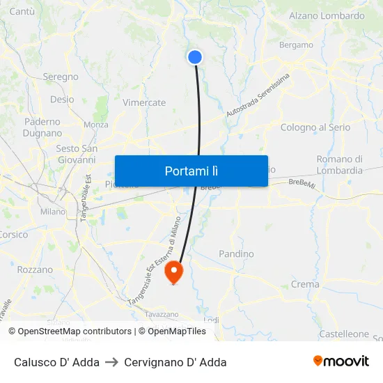 Calusco D' Adda to Cervignano D' Adda map