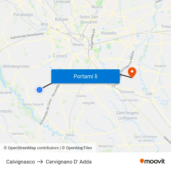 Calvignasco to Cervignano D' Adda map