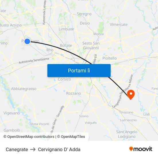 Canegrate to Cervignano D' Adda map