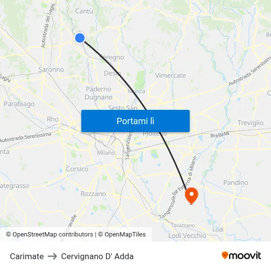 Carimate to Cervignano D' Adda map