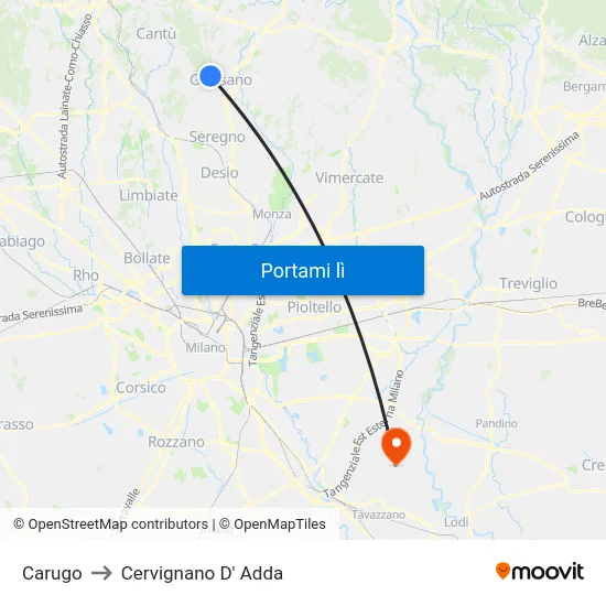 Carugo to Cervignano D' Adda map