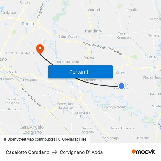 Casaletto Ceredano to Cervignano D' Adda map