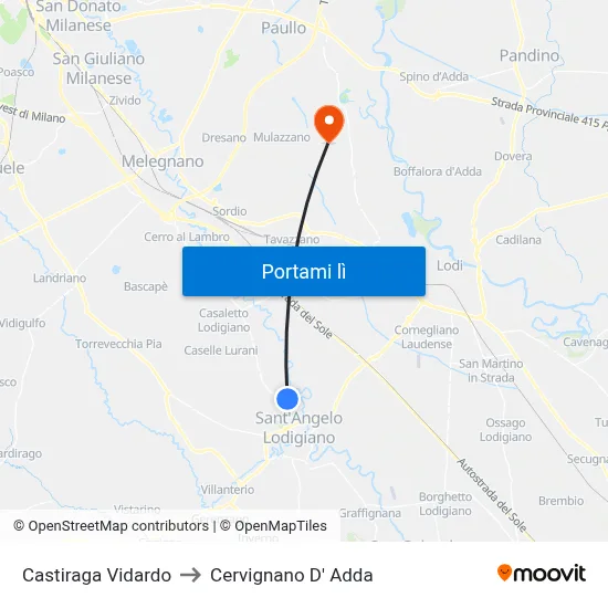 Castiraga Vidardo to Cervignano D' Adda map