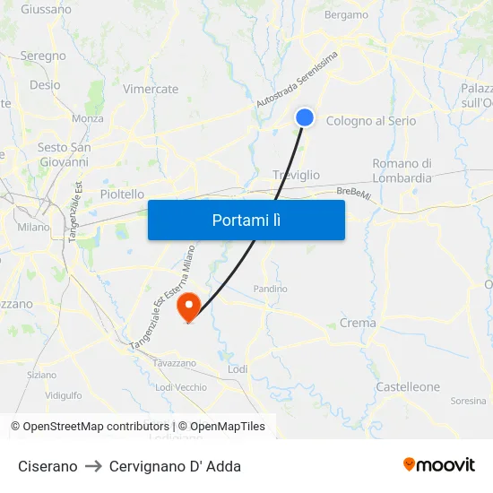 Ciserano to Cervignano D' Adda map