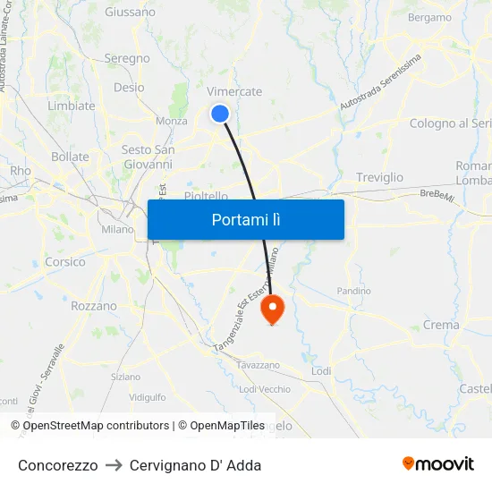 Concorezzo to Cervignano D' Adda map