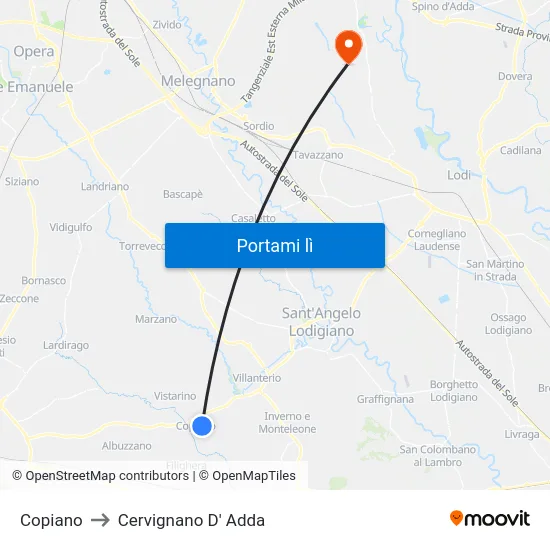 Copiano to Cervignano D' Adda map