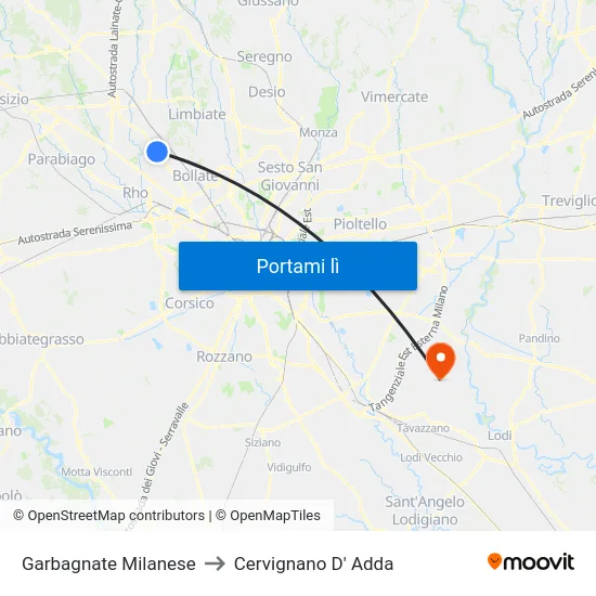 Garbagnate Milanese to Cervignano D' Adda map