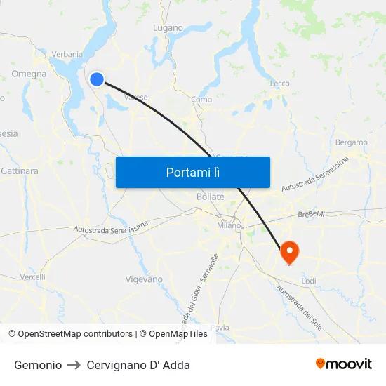 Gemonio to Cervignano D' Adda map