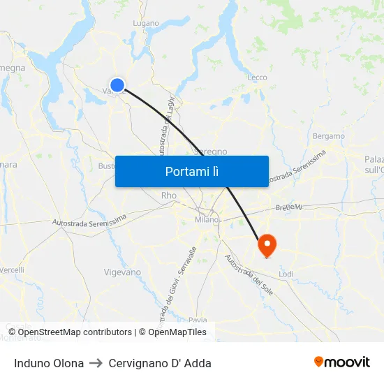 Induno Olona to Cervignano D' Adda map