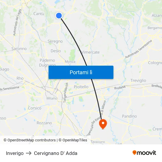Inverigo to Cervignano D' Adda map