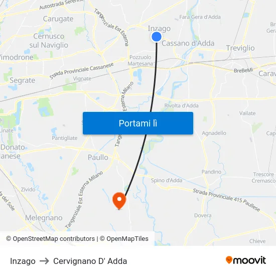 Inzago to Cervignano D' Adda map