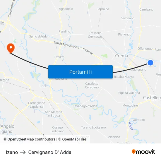 Izano to Cervignano D' Adda map