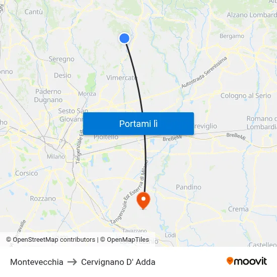 Montevecchia to Cervignano D' Adda map
