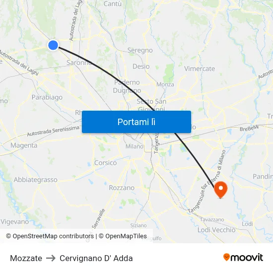 Mozzate to Cervignano D' Adda map