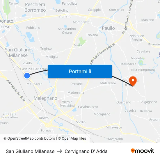 San Giuliano Milanese to Cervignano D' Adda map