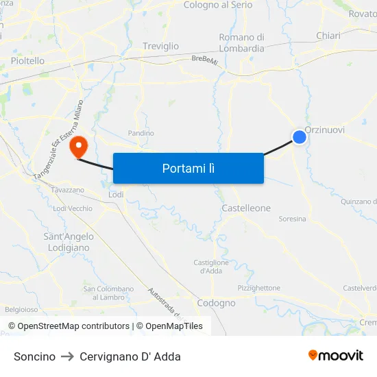 Soncino to Cervignano D' Adda map