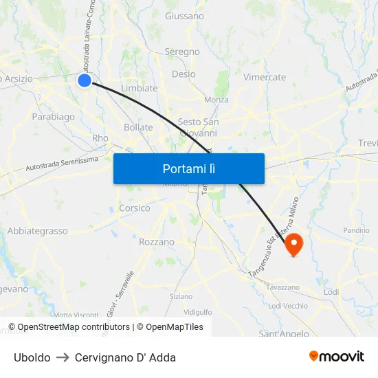 Uboldo to Cervignano D' Adda map