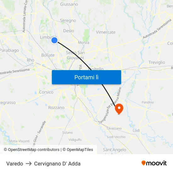 Varedo to Cervignano D' Adda map