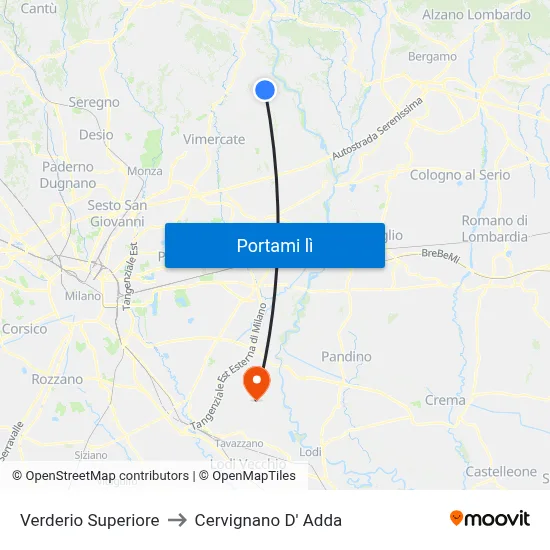 Verderio Superiore to Cervignano D' Adda map
