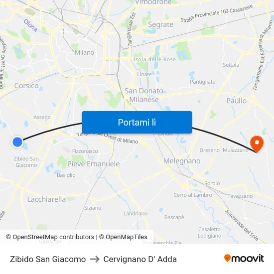 Zibido San Giacomo to Cervignano D' Adda map