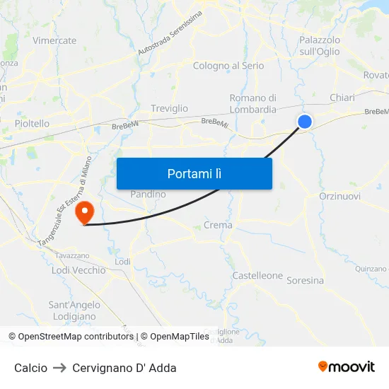 Calcio to Cervignano D' Adda map